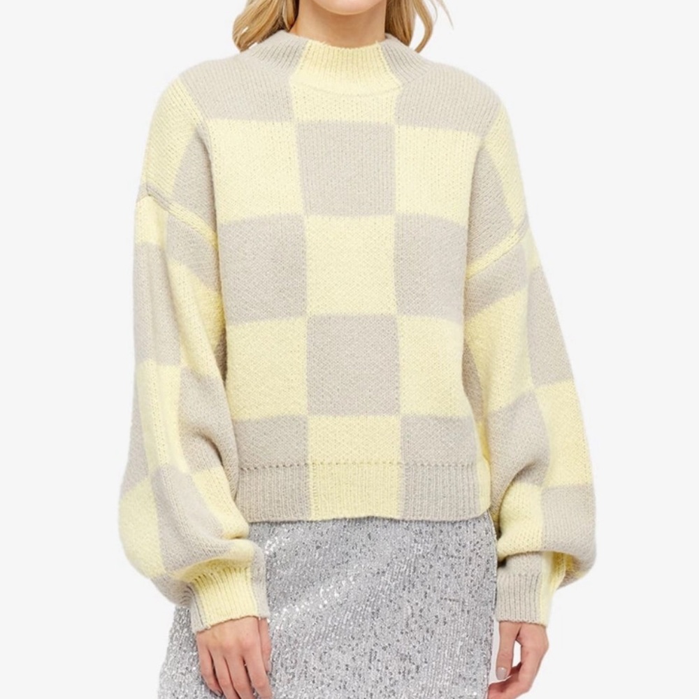 STINE GOYA Cream Checkerboard Cowl Turtleneck Sweater